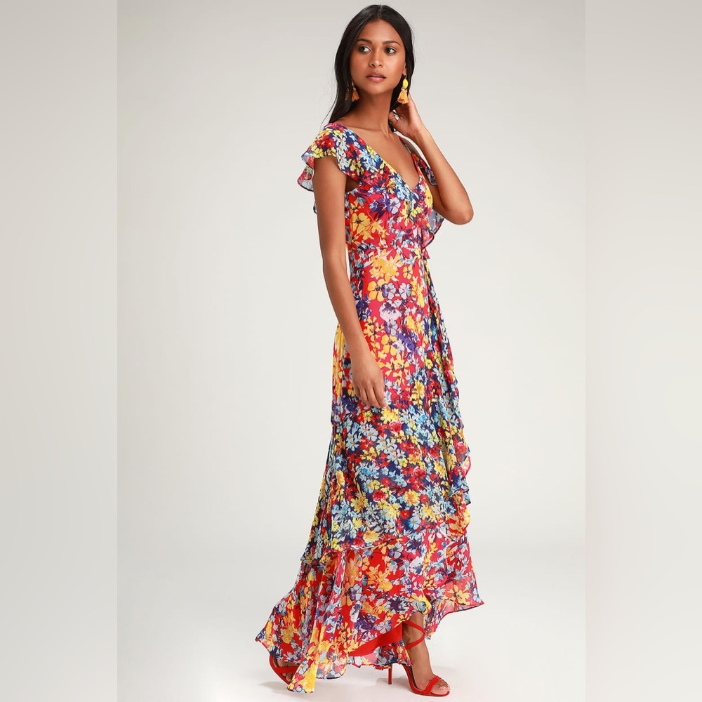 Lulus Radiant Ruby Red Floral Print Ruffle Chiffon Maxi Dress